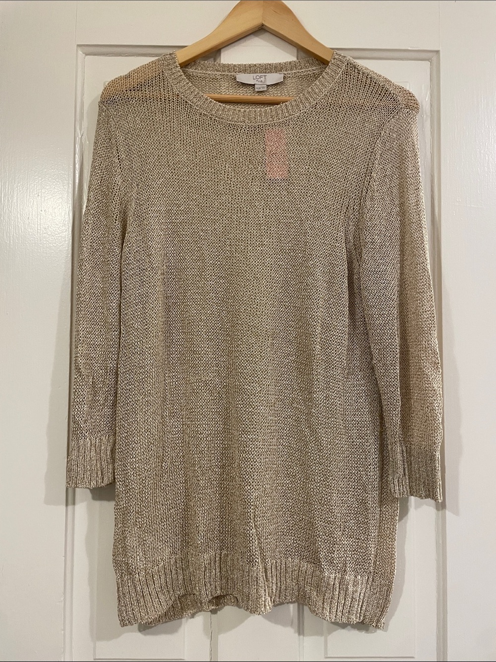 LOFT Metallic Champagne Loose-Knit Crewneck Sweater